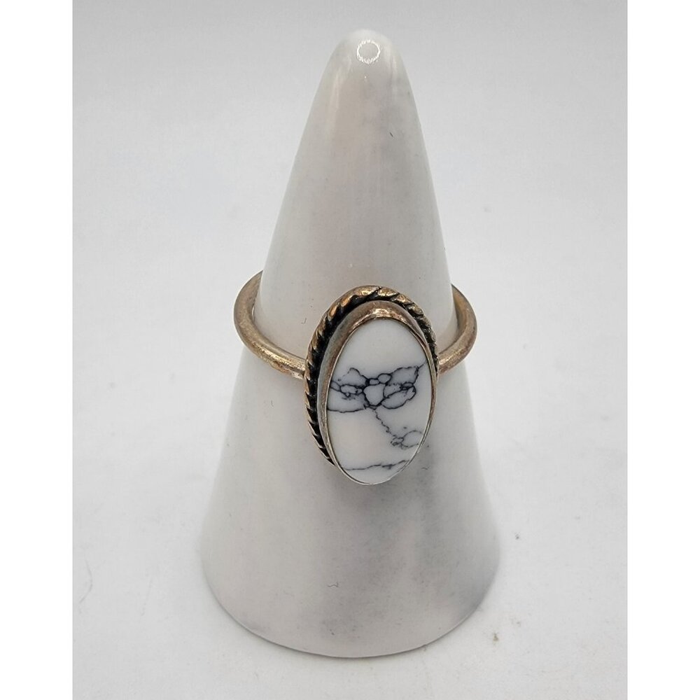 STERLING SILVER Ring 925 OVAL RING WHITE STONE Marble Look Sz 6.25